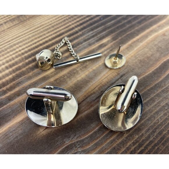 Vintage Retro 60’s Men’s Gold Striped Oval Cufflinks & Tie Pin Set Gift - Picture 3 of 5